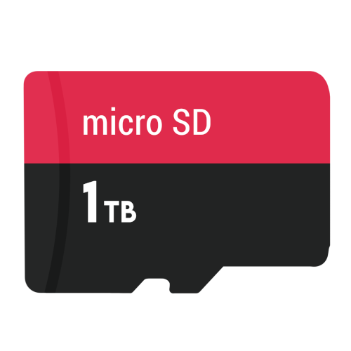 a micro SD card with a back bottom and red top. The words on the top red part say micro SD and the words on the bottom black part say '1 TB'